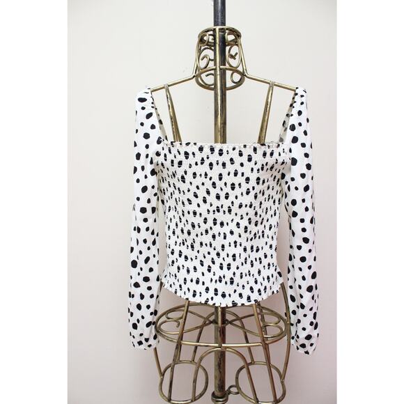 Reformation Reign Ink Blot White Spotted Long Sleeve Top Size 6 - Picture 4 of 5
